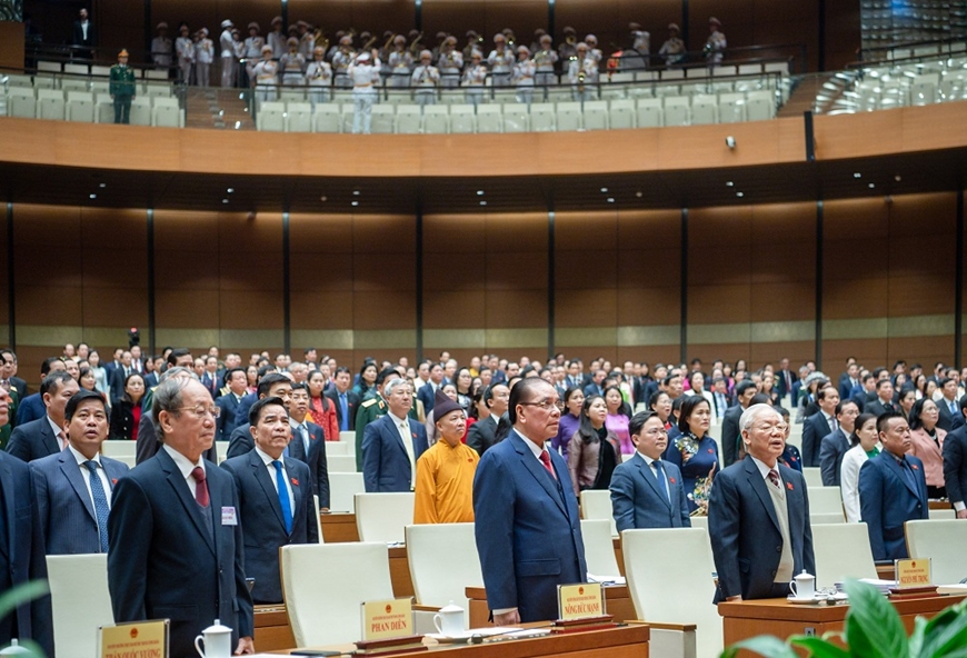 Tổng Bí thư Nguyễn Phú Trọng và các đồng chí lãnh đạo, nguyên lãnh đạo Đảng, Nhà nước và đại biểu dự khai mạc. 