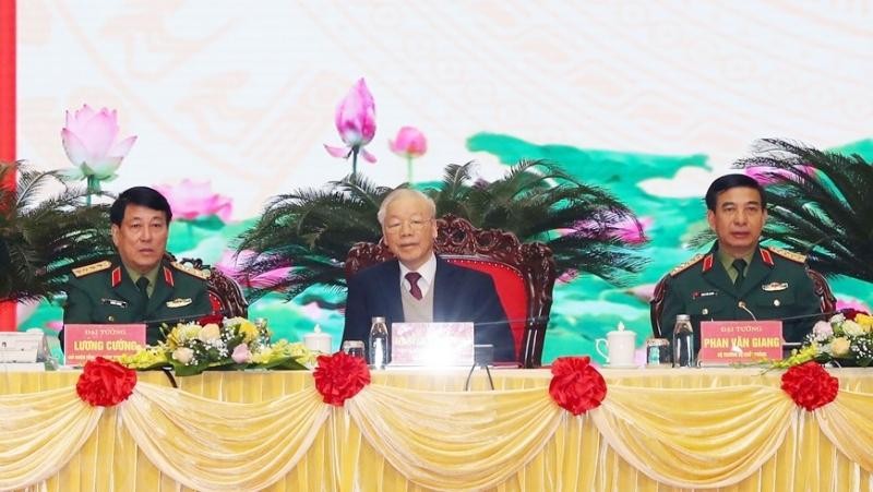 Tổng Bí thư Nguyễn Phú Trọng cùng các lãnh đạo Bộ Quốc phòng chủ trì Hội nghị. (Ảnh: Trọng Đức/TTXVN)