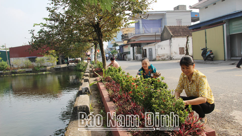 Nhân dân xóm 3, xã Nghĩa Minh (Nghĩa Hưng) chăm sóc đường hoa, cây bóng mát, tạo cảnh quan môi trường xanh - sạch - đẹp.