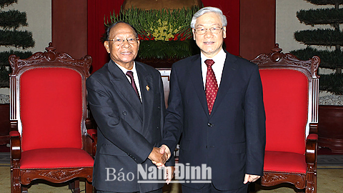 Tổng Bí thư Nguyễn Phú Trọng tiếp Chủ tịch Quốc hội Vương quốc Căm-pu-chia, Xăm-đéc Hêng Xom-rin