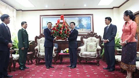 Lãnh đạo nước ta gửi hoa và điện mừng tới lãnh đạo Lào
