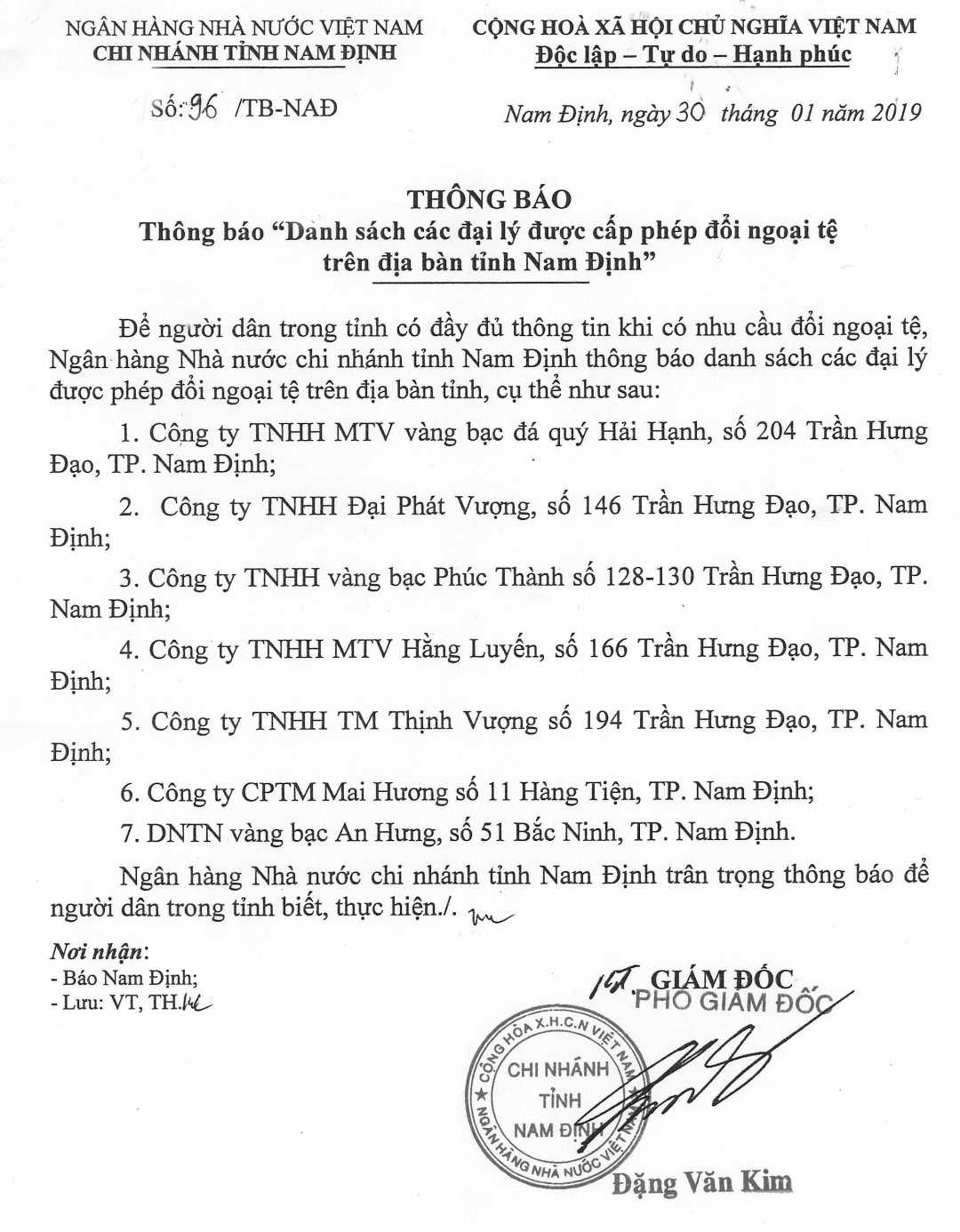 Thông báo Danh sách các đại lý được cấp phép đổi ngoại tệ trên địa bàn tỉnh Nam Đinh