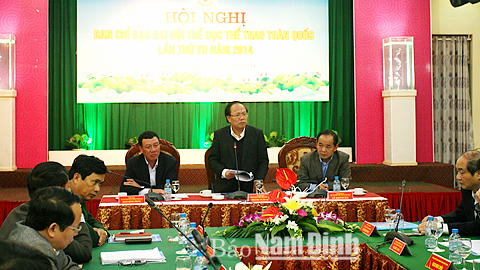 Đồng chí Hoàng Tuấn Anh, Uỷ viên BCH Trung ương Đảng, Bộ trưởng Bộ VH, TT và DL, Trưởng ban BCĐ Đại hội TDTT toàn quốc lần thứ VII-2014 phát biểu kết luận hội nghị.