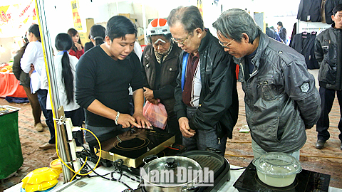 Người tiêu dùng được tư vấn sử dụng đồ điện tử trước khi mua sắm tại Hội chợ triển lãm nông nghiệp, thương mại khu vực đồng bằng sông Hồng - Nam Định 2014.