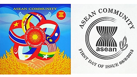 Mẫu tem của họa sỹ Vũ Kim Liên và mẫu dẫu kỷ niệm của họa sỹ Nguyễn Du đoạt giải Nhất Cuộc thi tem ASEAN. (Nguồn: VietnamPost) 