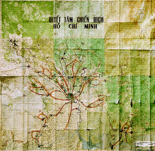  Tấm bản đồ Quyết tâm chiến dịch Hồ Chí Minh được làm tại Sở chỉ huy chiến dịch đóng ở Tà Thiết, Lộc Ninh (Tây Ninh). Ảnh: Bảo tàng LSQSVN.