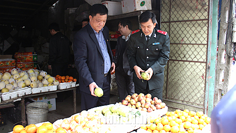 Đoàn thanh tra, kiểm tra liên ngành VSATTP tỉnh kiểm tra một đại lý kinh doanh hoa quả tại Thị trấn Ngô Đồng (Giao Thủy).