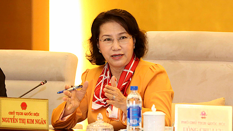 Chủ tịch Quốc hội Nguyễn Thị Kim Ngân phát biểu ý kiến trong buổi làm việc sáng 16-8.