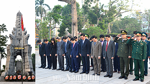 Các đồng chí lãnh đạo tỉnh và Thành phố Nam Định viếng các Anh hùng Liệt sĩ tại Đài tưởng niệm Liệt sĩ của tỉnh.