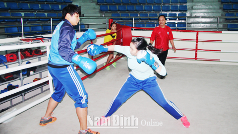 VĐV Lưu Thị Diễm Quỳnh (bên trái) tập luyện với đồng đội ở đội tuyển Boxing tỉnh.