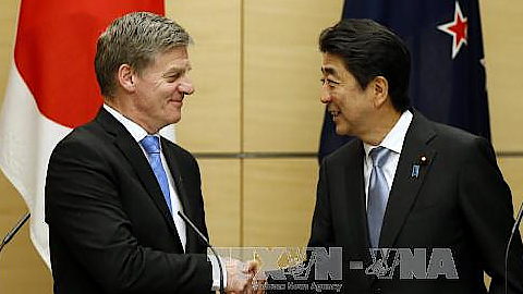 Thủ tướng Nhật Bản Shinzo Abe (phải) và người đồng cấp New Zealand Bill English (trái) tại cuộc hội đàm. Ảnh: EPA/TTXVN