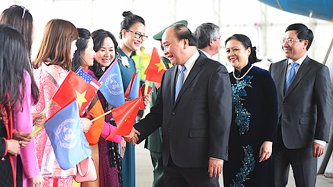 Phái đoàn Việt Nam tại Liên Hợp quốc đón Thủ tướng tại sân bay.