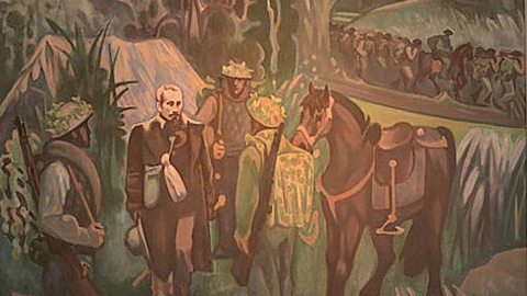 Tác phẩm "Rời lều cỏ Bác tiếp tục hành quân" của họa sĩ Nguyễn Trọng Kiệm.
