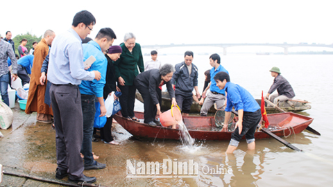 Sở NN và PTNT cùng đông đảo người dân tổ chức thả cá tái tạo nguồn lợi thủy sản trên sông Hồng.