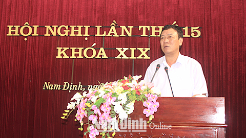 Đồng chí Đoàn Hồng Phong, Ủy viên BCH Trung ương Đảng, Bí thư Tỉnh ủy, Trưởng đoàn Đoàn đại biểu Quốc hội của tỉnh phát biểu tại hội nghị.