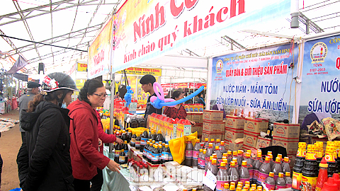 Sản phẩm nước mắm Ninh Cơ của Cty CP Chế biến hải sản Nam Định vẫn chỉ quảng cáo theo lối truyền thống tại hội chợ thương mại Nam Định năm 2017.