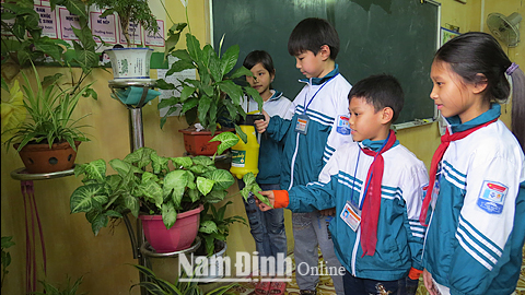 Học sinh Trường Tiểu học Nam Giang (Nam Trực) chăm sóc cây xanh trong lớp học.