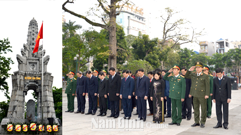 Các đồng chí lãnh đạo tỉnh và Thành phố Nam Định dâng hương, đặt vòng hoa viếng các liệt sĩ tại Đài tưởng niệm các Anh hùng Liệt sĩ tỉnh.