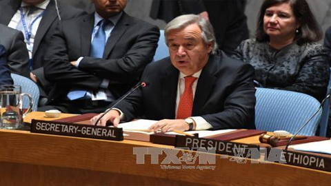 Tổng thư ký Liên hợp quốc Antonio Guterres trong cuộc họp Hội đồng bảo an LHQ ở New York, Mỹ ngày 28/9/2017. Ảnh: AFP/TTXVN