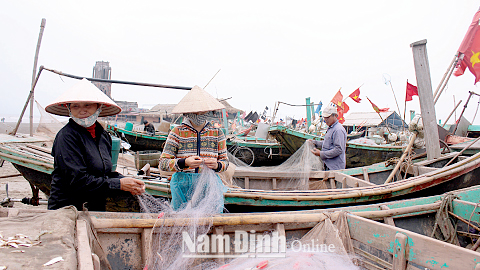 Ngư dân làng chài Xương Điền, xã Hải Lý (Hải Hậu) chuẩn bị ngư lưới cụ đánh bắt hải sản những ngày cuối năm.