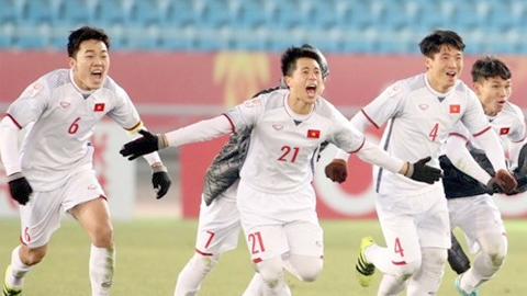 Niềm vui của các cầu thủ U23 Việt Nam sau khi thắng U23 Qatar sau những loạt đá 11m.