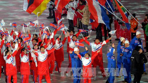 Đoàn vận động viên Triều Tiên tại lễ bế mạc Olympic PyeongChang, Hàn Quốc ngày 25/2. Ảnh: Yonhap/TTXVN