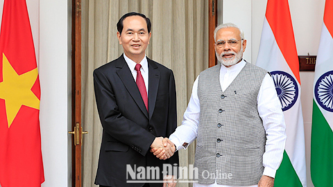 Chủ tịch nước Trần Đại Quang hội đàm với Thủ tướng Cộng hoà Ấn Độ Na-ren-đra Mô-đi. Ảnh: Nhan Sáng - TTXVN