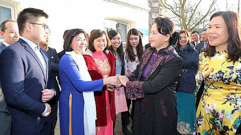 Cán bộ, nhân viên Đại sứ quán và bà con Việt kiều đón Chủ tịch Quốc hội Nguyễn Thị Kim Ngân.