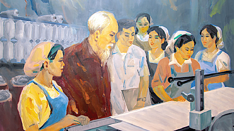 Tác phẩm tranh sơn dầu “Bác Hồ về thăm Nhà máy Dệt” của họa sĩ Vũ Minh.