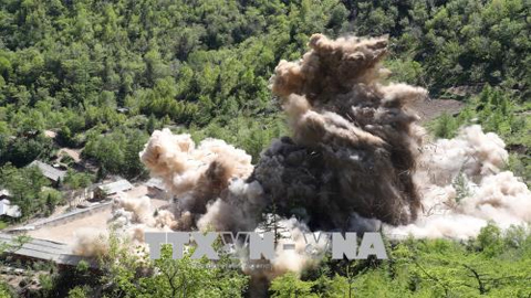 Triều Tiên tiến hành phá hủy bãi thử hạt nhân Punggye-ri ở tỉnh Bắc Hamgyong. Ảnh: Yonhap/TTXVN