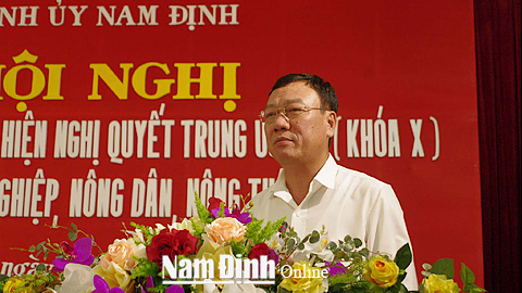 Ðồng chí Ðoàn Hồng Phong, Ủy viên BCH Trung ương Ðảng, Bí thư Tỉnh ủy, Trưởng đoàn Ðoàn đại biểu Quốc hội của tỉnh phát biểu tại hội nghị.