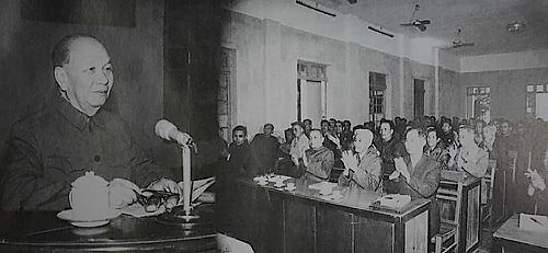 Đồng chí Trường Chinh thăm và nói chuyện với cán bộ lãnh đạo tỉnh Hải Hưng, tháng 1-1981. Ảnh tư liệu 