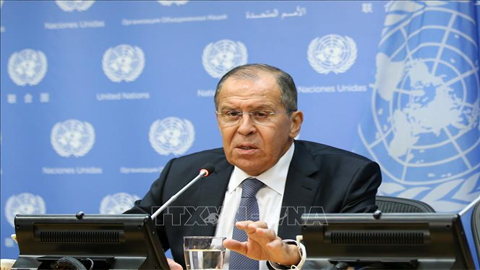 Ngoại trưởng Nga Sergey Lavrov trong cuộc họp báo tại trụ sở Liên hợp quốc ở New York, Mỹ ngày 28/9/2018. Ảnh: THX/TTXVN