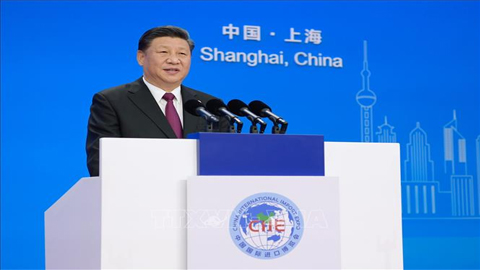 Chủ tịch Trung Quốc Tập Cận Bình phát biểu tại lễ khai mạc Hội chợ Nhập khẩu quốc tế Trung Quốc (CIIE 2018) lần thứ nhất tại thành phố Thượng Hải ngày 5/11. Ảnh: THX/TTXVN