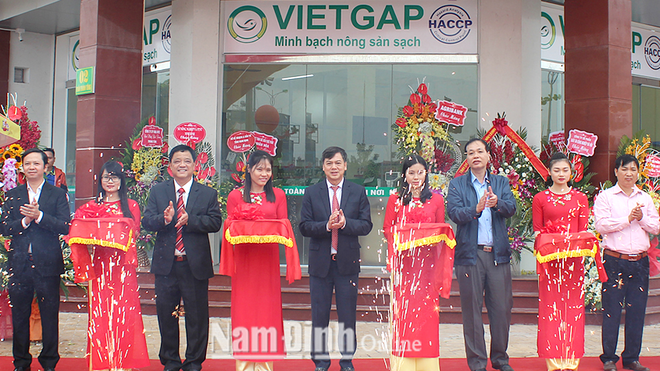 Các đồng chí lãnh đạo tỉnh và Cục trưởng Cục Quản lý Chất lượng Nông lâm và thủy sản cắt băng khai trương Trung tâm giới thiệu sản phẩm nông nghiệp sạch tỉnh Nam Định .