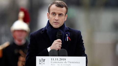 Tổng thống Pháp Macron phát biểu tại lễ kỷ niệm 100 năm kết thúc Chiến tranh thế giới thứ nhất.  Ảnh: Reuters