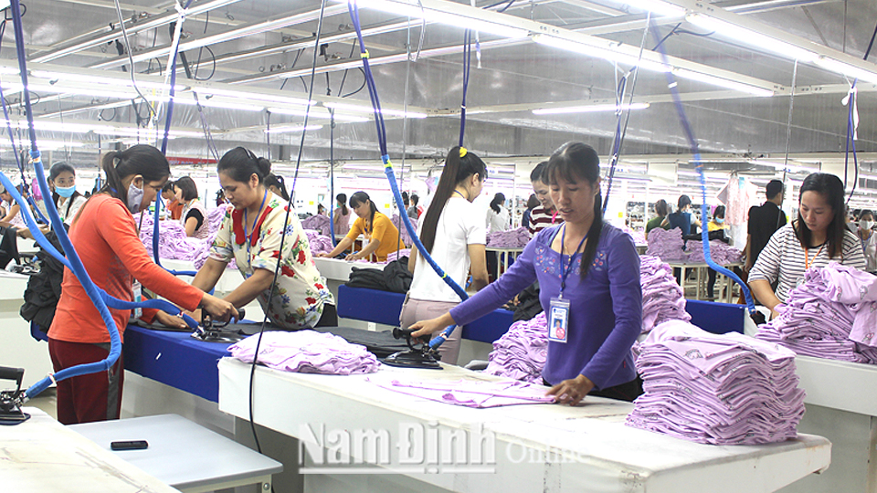 Sản xuất quần áo xuất khẩu tại Công ty trách nhiệm hữu hạn Việt Pan pacific Nam Định, huyện Nam Trực.
