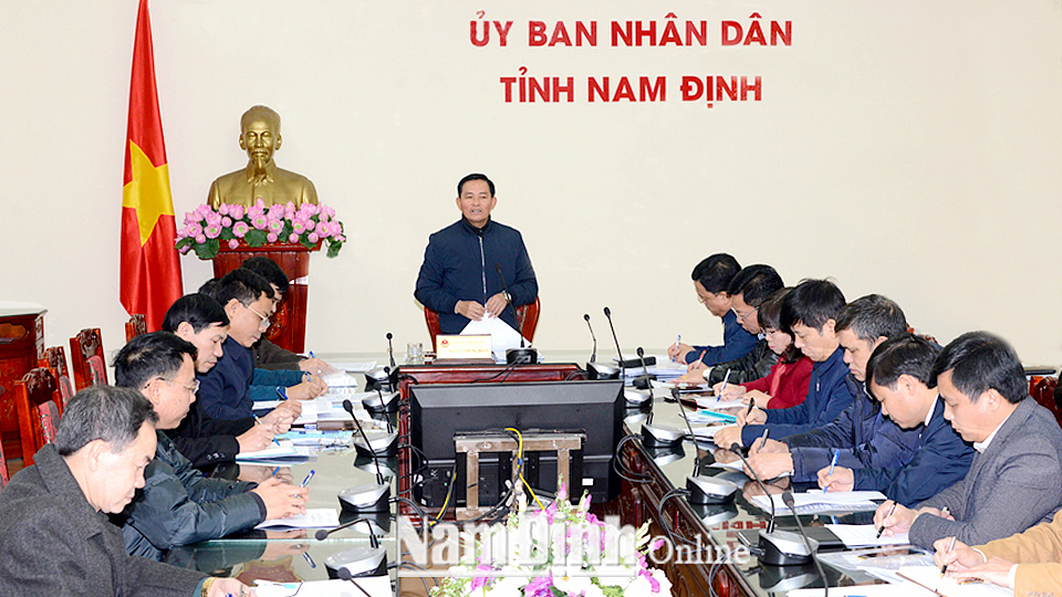 Đồng chí Nguyễn Phùng Hoan, Tỉnh ủy viên, Phó Chủ tịch UBND tỉnh phát biểu tại điểm cầu Nam Định.