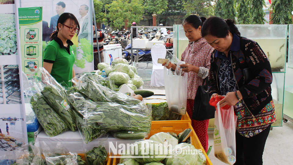 Người tiêu dùng mua hàng tại hội chợ giới thiệu nông sản an toàn tỉnh Nam Định và các vùng miền năm 2018.
