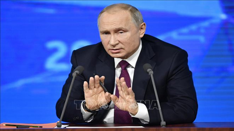 Tổng thống Nga Vladimir Putin phát biểu tại cuộc họp báo thường niên ở Moskva, ngày 20/12/2018. Ảnh: AFP/TTXVN