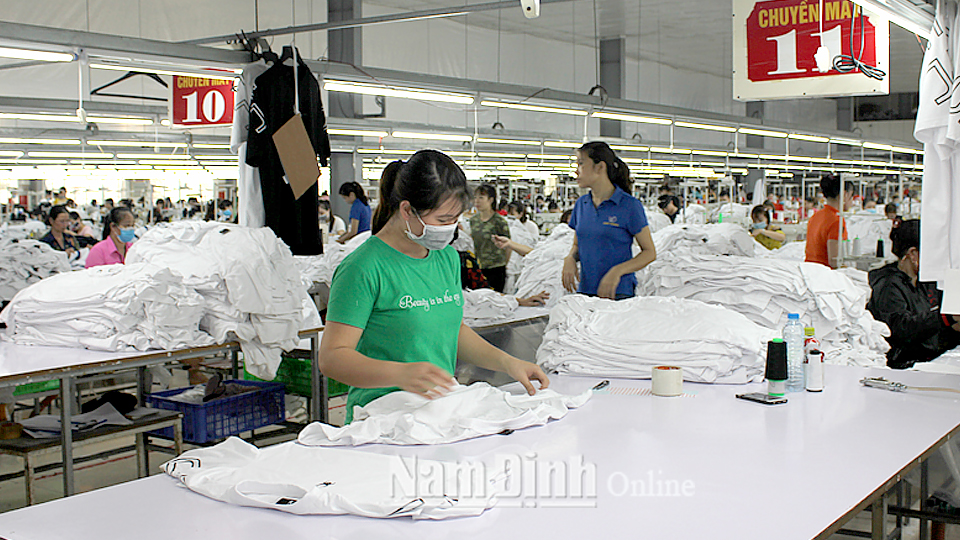 Sản xuất trang phục xuất khẩu tại Công ty Trách nhiệm hữu hạn May Nghĩa Hưng DEA YANG, xã Nghĩa Lạc.