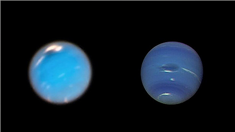 Ở bên phải, có thể thấy hình ảnh trên tàu Vũ trụ voyager 2 về khởi nguồn cơn bão Great Dark Spot. Ở bên trái, nếu xem bằng kính viễn vọng Hubble, một cơn bão mới được hình thành tại vị trí trên cùng của bức ảnh kèm theo một vài đám mây trắng sáng. (Nguồn: NASA)