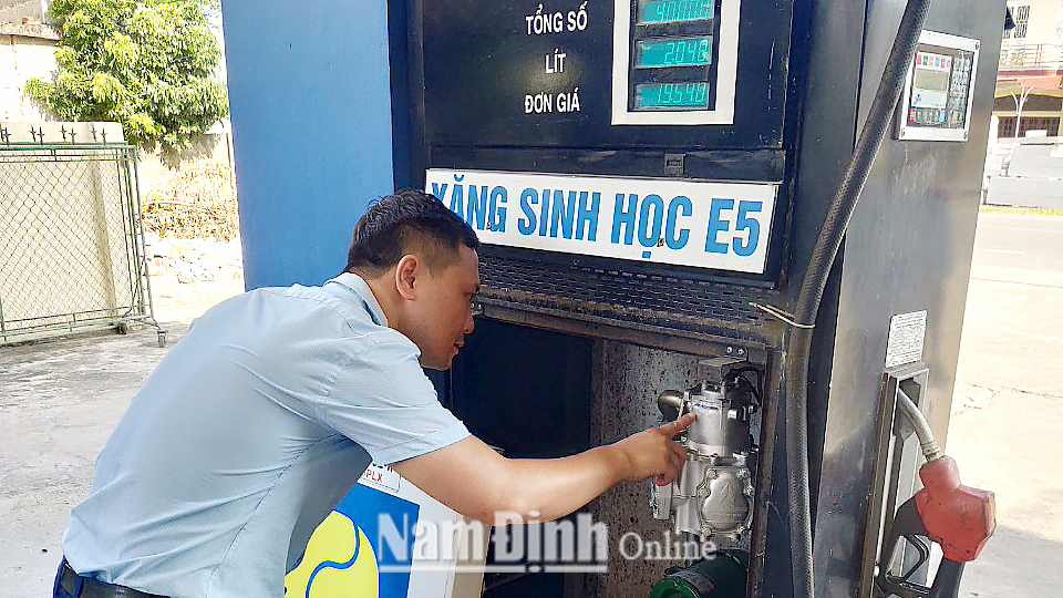 Cán bộ Sở Khoa học và Công nghệ kiểm tra thiết bị đo tại một cửa hàng kinh doanh xăng, dầu trên địa bàn thành phố Nam Định.