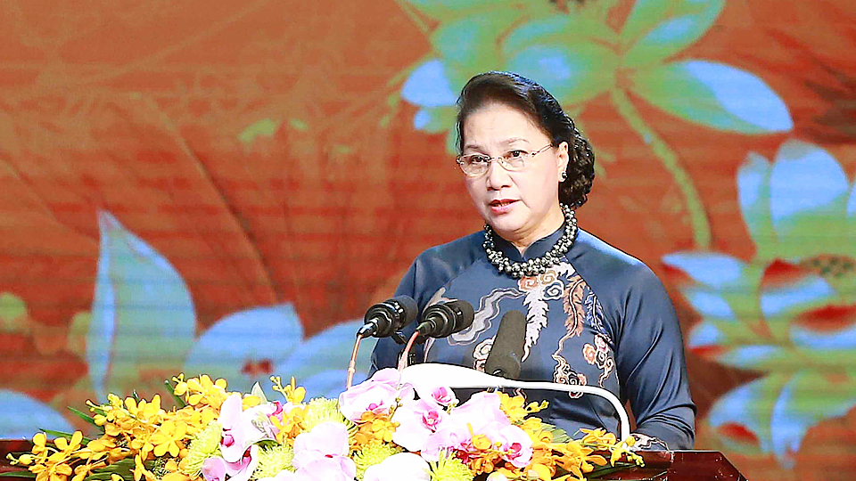 Chủ tịch Quốc hội Nguyễn Thị Kim Ngân phát biểu tại Lễ kỷ niệm. Ảnh: Trọng Đức - TTXVN
