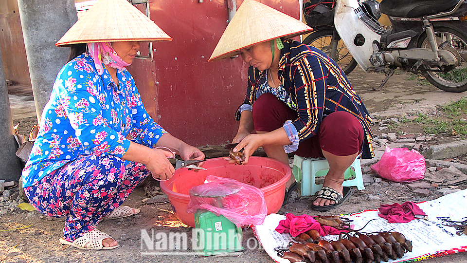Người dân thôn Vạn Lộc, xã Xuân Phong sơ chế thịt chuột đồng.