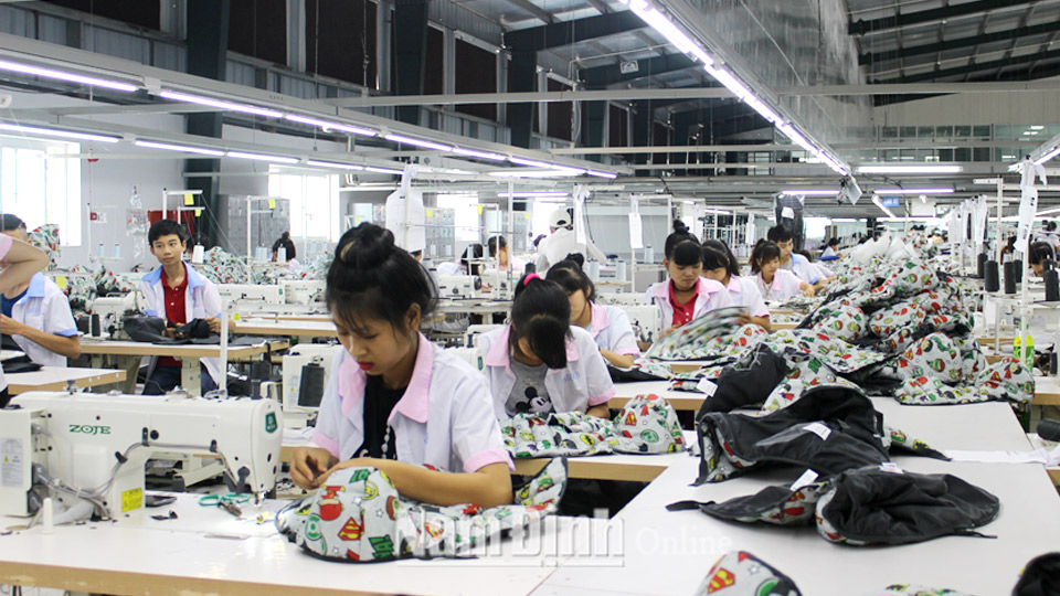 Công nhân lao động Công ty Trách nhiệm hữu hạn Enter B, xã Hiển Khánh (Vụ Bản) thi đua lao động sản xuất.
