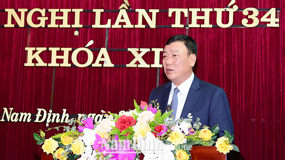 Đồng chí  Đoàn Hồng Phong, Ủy viên Ban Chấp hành Trung ương Đảng, Bí thư Tỉnh ủy, Trưởng đoàn Đoàn đại biểu Quốc hội của tỉnh phát biểu tại hội nghị.