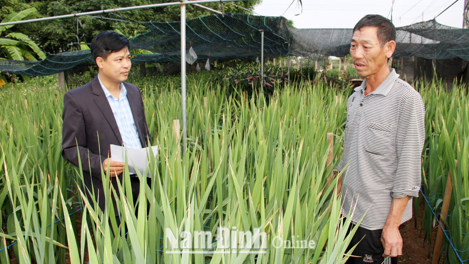Cán bộ xã Nam Phong tuyên truyền, vận động người dân đưa các giống hoa, cây cảnh có giá trị kinh tế cao vào sản xuất.