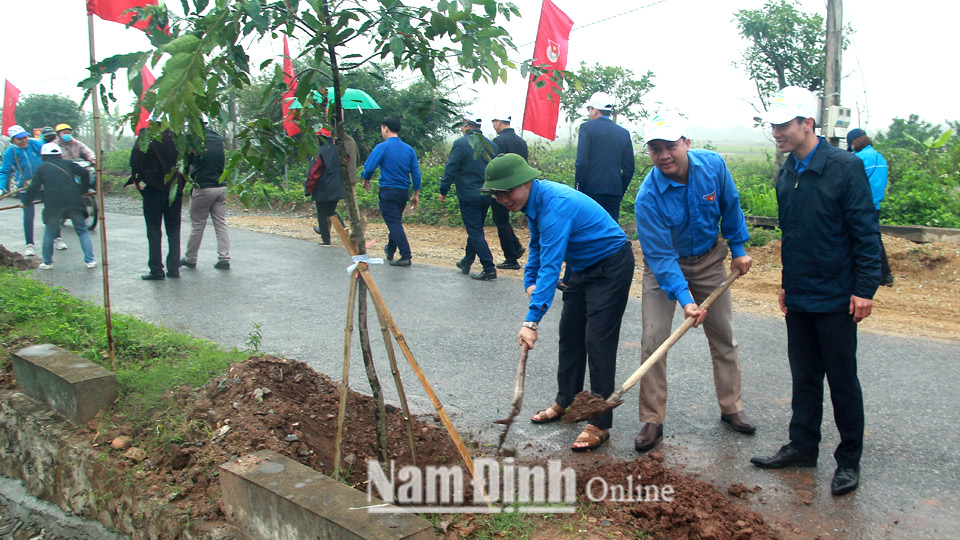 Đoàn viên, thanh niên huyện Hải Hậu tham gia trồng cây bóng mát ven đường tại xã Hải Trung.