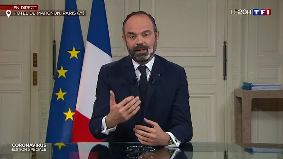 Thủ tướng Pháp Edouard Philippe thông báo các biện pháp mới ngăn chặn sự lây lan của bệnh dịch Covid-19. (Ảnh: BFMTV)